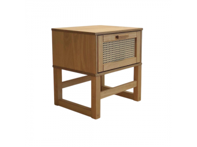 Mesa de cabeceira com uma gaveta de palhinha indiana no acabamento cera natural com toque acetinado / Coleção Acapulco